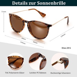 J.Fée Retro Sunglasses Women's Brown Polarised Elegant Round Leo Sunglasses Black Sunglasses Woman Vintage Sunglasses UV400 Protection Black Grey Brown Lenses with Rivets 1 Pair, turtle frame/brown