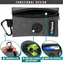 PetAmi Dog Poop Bag Holder for Leash, Dog Waste Bag Dispenser with Clip, Treat Pouch, Walking & Camping Accessory with Trash Bag Roll, Gray 1 Pack