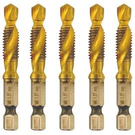 Rennie Tools - Pack Of 5 - M8 x 1.25 Combination Drill and Tap Bit, 1/4" Hex Shank. Metric Coarse Titanium Coated HSS Spiral Flute Drilling Tapping Tool. 8mm x 1.25mm Pitch Drill Bit.