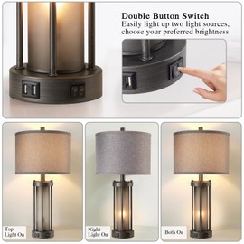 Set of 2 Rustic Table Lamps for Living Room with 2 USB Ports, Vintage Bedside Lamps with Gray Frosted Glass Night Light for Bedroom Desk Lamps for Entryway, 4 Bulbs Included