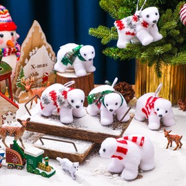 Yinder 12 Pcs Christmas Polar Bear Ornament White Christmas Flocked Polar Bear with Scarf Wearing Scarves Animals Figurines Hanging Ornaments for Xmas Tree Decor