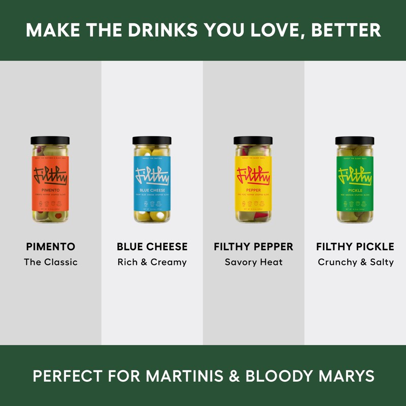 Filthy Pitted Olives, Premium Cocktail Garnish, Pitted Queen Olives, Naturally