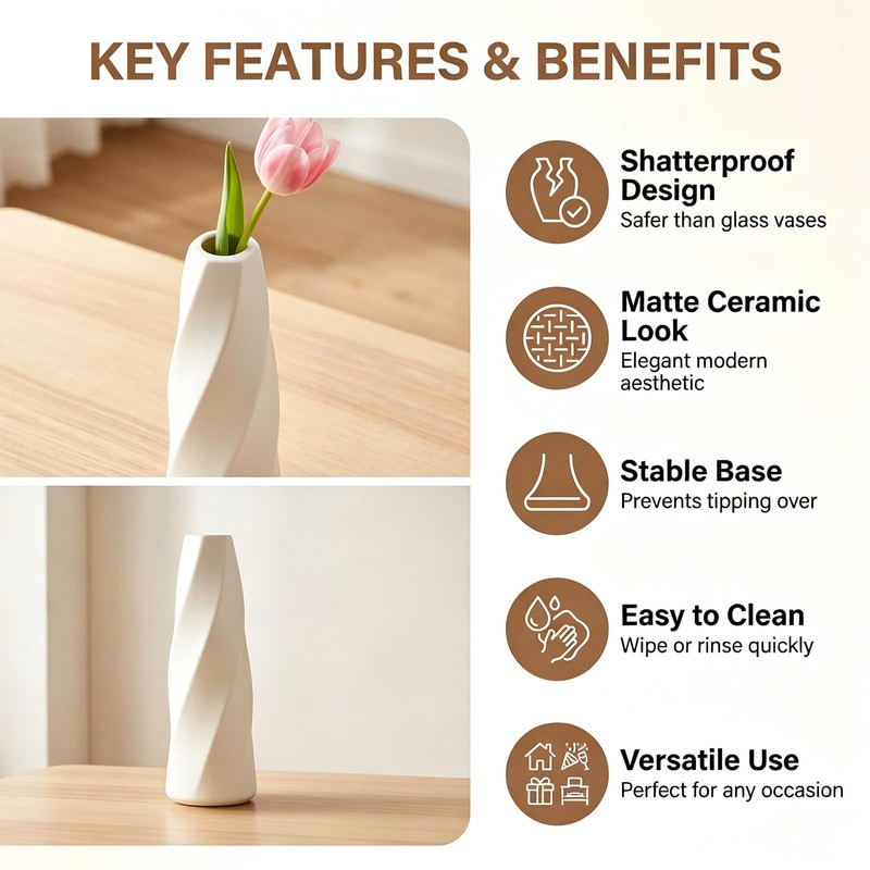 White Plastic Flower Vase with Narrow Neck
