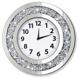 DMDFIRST Crystal Crushed Diamond Mirrored Round Wall Clock 16x16x2 inches for Wall Decoration Silver Glass Mirror Clock Sparkle Twinkle Bling Home Decor. AA Battery is not Included.
