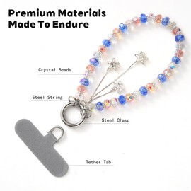SPETASE Phone Charm with Beaded Crystals, Anti-Theft Phone Strap, Hands-Free & Detachable Cellphone Lanyard, Cellphone Chain Wristlet with Tether Tab, Charms for Smartphones, Bags and More (Blue Pink)