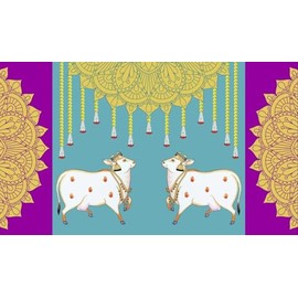 Decorative Backdrop Cloth Marigold Flower Garland with Cow and Mandala Design Curtain Cloth Hanging on Wall for Indian Traditional Festival Background Pooja Decor (Size:-96"X60")(Multicolour)
