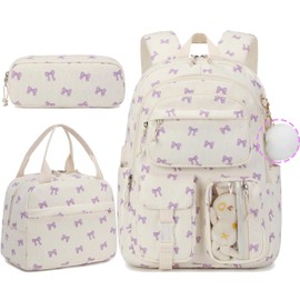 AUIVTY Corduroy Bow Backpack for Girls Teens School Bookbag with Lunch Box Pencil Case Laptop Sleeve Elementary Middle School Bag, Bow Tie-Purple