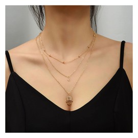 Inilbran Boho Layered Hamsa Hand Choker Necklace Tiny Crystal Pendant Necklaces Chain Gold Satellite Chain Necklaces Vintage Hamsa Necklace Jewellery for Women and Girls, Metal