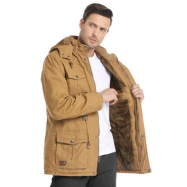 CHEXPEL Men's Thick Winter Jackets with Hood Fleece Lining Cotton Military Jackets Work Jackets with Cargo Pockets Khaki M