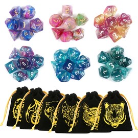 Moncolis 6 x 7 (42 Pieces) Polyhedral Dice Set, Glitter Game Dice with Double Colours for Dungeons and Dragons DND RPG MTG Table Games D20 D12 D10 D8 D6 D4 with 6 Velvet Bags