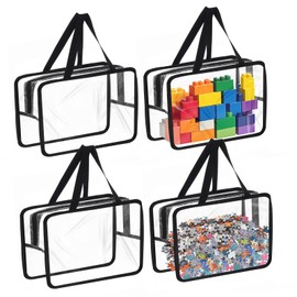 Honeier Toy Storage Bags, 4 Pack Toy Organizer Bags Clear 30x10x22cm, Toy Bags for Kids with Zipper for Building Blocks, Puzzles, Stationery, Toys