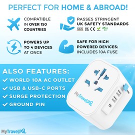 MyTravelPal Worldwide Travel Adapter with USB-C | The Safest All In One Travel Adaptor | MyTravelPal® Pro Grounded Universal Travel Adapter Worldwide | Earthed International World Charger Travel Plug Adapter
