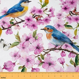 Tela colorida de pájaros de The Yard con flores de cerezo de acuarela rosa para amantes del arte, hermosa tela temática de mariposa para decoración de habitación y tapicería de bricolaje de 1 yarda