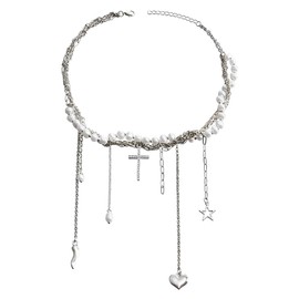 LELWNGGQ Crystal Cross Pearl Necklace Clavicle Chain Necklace Crucifix Pendant Necklace Gift for Women Girls Birthday Adjustable