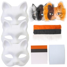 3Set Therian Mask Kit with Felt Fabric Eye Mesh False Wool Half Face Cat Mask Elastic Funny DIY Furry Mask Decoration Therian Mask Kit, Cat Mask, Furry Mask-