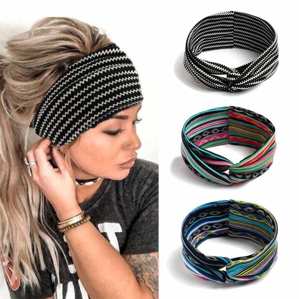 Zoestar Boho Stripe Headbands, Black, Criss Cross Head Scarfs Twisted Yoga Head Wraps Stylish Elastic Hair Bands Fashion Hair Accessories for Women and Girls (Pack of 3)