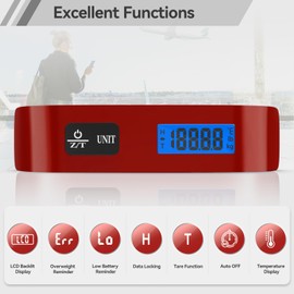 Luggage Scale, Dr.meter Luggage Weight Scale Backlight LCD Display PS02 110lb/50kg Electronic Balance Digital Postal Travel Accessories with Rubber Paint Handle Temperature Sensor, Red