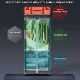 ZOYOYES Clothes Rack with Cover,Heavy Duty Garment Rack with Wheels,Clothing Rack with Zipper and Transparent Front Cover,Black Adjustable Custom Separate Wardrobe with Basket,15.8" Dx31.5 Wx72.1 H