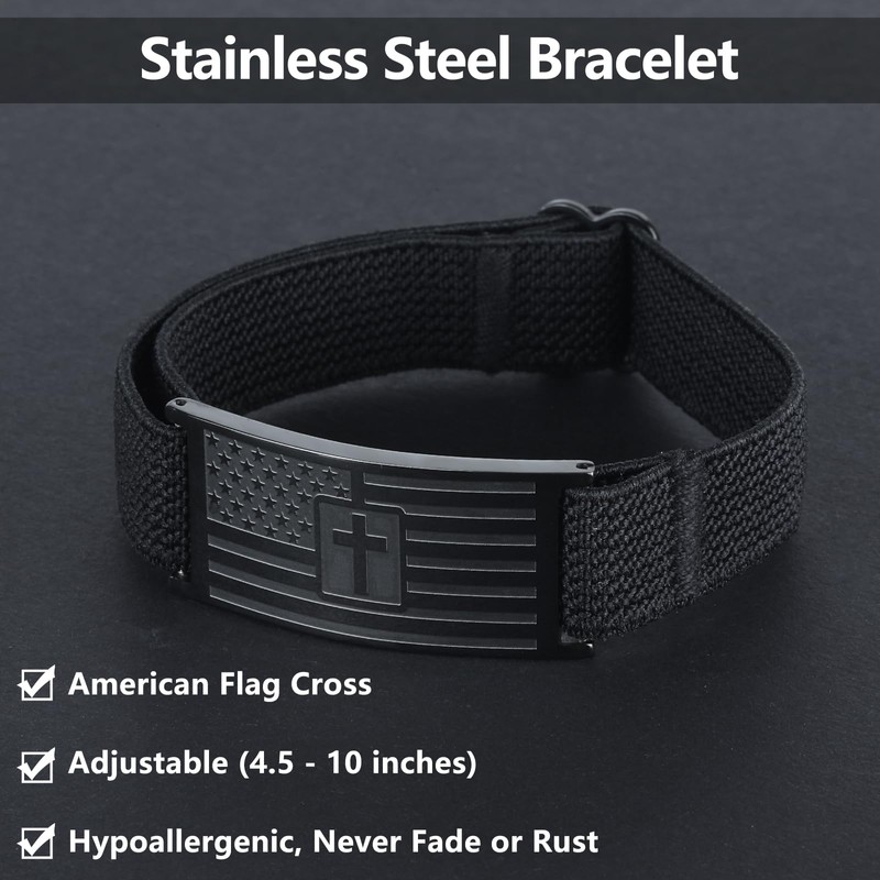 Mens Bracelet - American Flag Christian Cross Bracelet with Bible