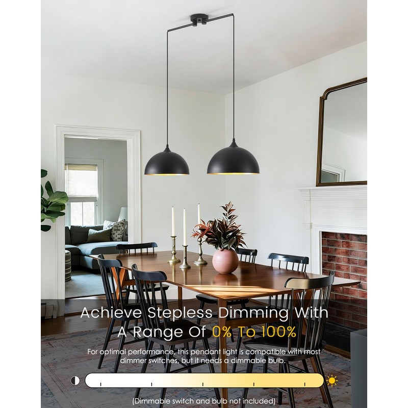 Otmilance Black Pendant Lights Kitchen Island 2-Light, Black Dome Pendant