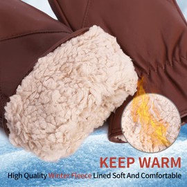 Mens Leather Mittens Soft Lambskin Warm Winter Fleece Lined by MGGMOKAY,Cognac,M
