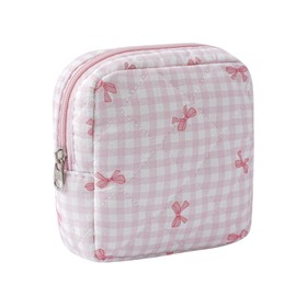 RSRSLEII Small Quilted Cosmetic Pouch for Purse, Mini Cotton Makeup Bag with Compartments, Cute Zipper Lipstick Holder for Women (11Checkered Pink bow)