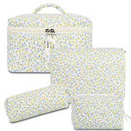GISMTR 4Pcs Quilted Makeup Bag Set Cute Floral Cosmetic Bag Cotton Coquette Make up Bag Aesthetic Travel Toiletry Bag for Women Girls, Blue floral
