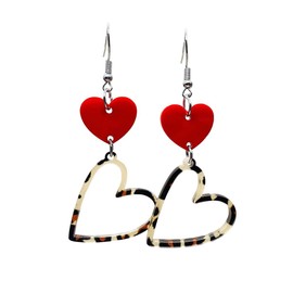 Red Love Heart Leopard Praint Earrings Acrylic Three Love Heart Dangle Drop Earrings Statement For Women Valentine’S Day Jewelry-Style D