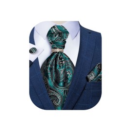 DiBanGu Teal Paisley Cravat for Men Jacquard Woven Ascot Tie Pocket Square Cufflinks Set with Tie Ring