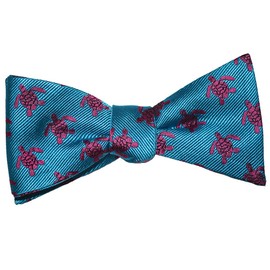 SummerTies Turtle Bow Tie - Pink on Blue, Woven Silk, Adult Tie Yourself Bow Tie
