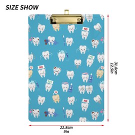 Cute Healthy Teeth Dental Health Care Cartoon Cute Clipboard A4 Size 12.5" x 9" Metal Clipboards Plastic Clipboard for Girls with Low Profile Clip for Softball Home