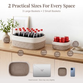 VIRETH HAUS 5-Pack Large Woven Rope Storage Baskets – 2 Sizes Organizer Bins for Closet, Shelf, Bookshelf, Nursery, Changing Table, Fabric Cube Boxes, Rectangular Shallow Bins for Bathroom, Toy & Home