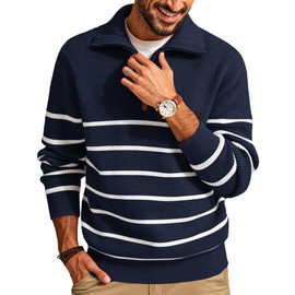 PJ PAUL JONES Men Quarter Zip Up Sweater Long Sleeve Fashion Striped Cable Knit Pullover Polo Sweater Navy Blue