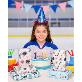 Pineraap Ice Hockey Wrapping Paper 12 Sheets Sports Wrapping Paper Floral Gift Wrap Paper,Pink & Blue Designs,for Women Girls Hockey Birthday Party Decorations,20 x 28 inch (Ice Hockey)