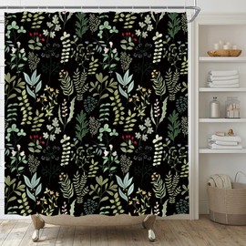 AMFD Black Botanical Shower Curtain Vintage Herbs Floral Retro Rustic Farmhouse Boho Leaves Fabric Bathroom Decor Set with Hooks,(70" WX70 H)