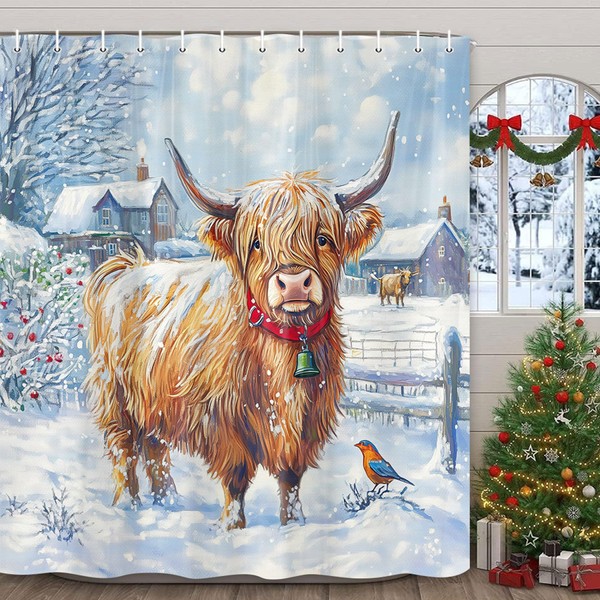 Highland Cow Christmas Shower Curtain, Winter Funny Cute Cow Rustic
