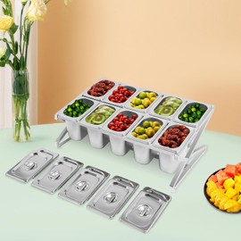Expandable Stainless Steel Spice Rack Set, Inclined Organizer Shelf, 14" - 25.6" Adjustable Length, 10 1/9 Pans Countertop for Seasoning Ingredients Fruits Toppings