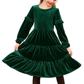 Arshiner Girls' Velvet Dress, Long Sleeve Party Dress, Round Neck Winter Dress, A-Line Elegant Children's Dress, Christmas Dress, Princess Birthday Dress with Bag, Size 6-13 Years, dark green