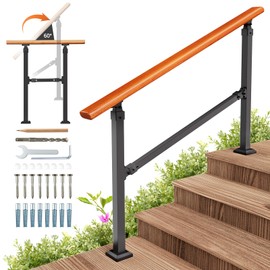 UOKRR 4 Step Handrails for Outdoor Steps, Indoor Stairs Railing Mild Steel Metal Hand Rails for Porch, Exterior Concrete Steps, Wooden Stairs Fit 1 to 4 Steps Wood Grain Design with Installation Kit
