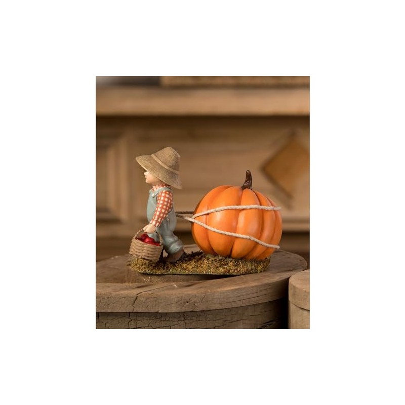 Bethany Lowe Paulie Pulling Pumpkin Figurine, Resin, Multicolor