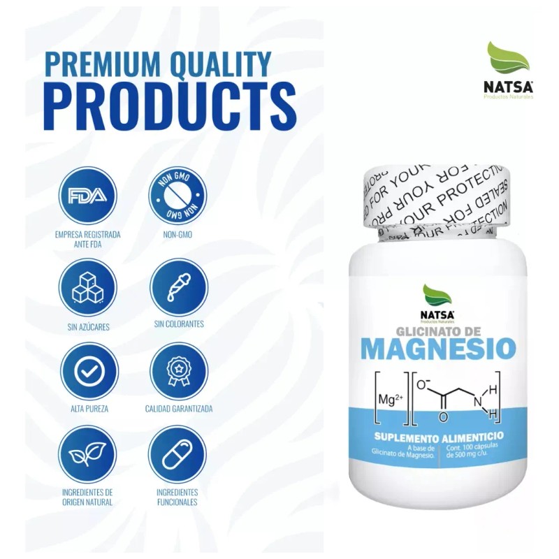 Glicinato De Magnesio 100 Cápsulas, Alta Absorción, Mejora la calidad