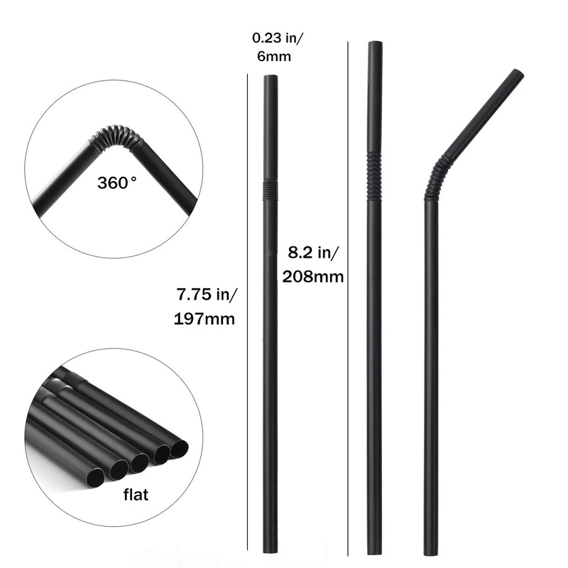 ALINK 200-Pack Black Plastic Flexible Straws, 0.23" x 7.75" disposable