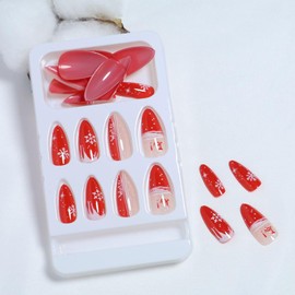 Christmas Short Press On Nails - Stocking Stuffers Gitfs for Women 24 Pcs Stick On Nails with Nail Glue, Supremely Fit & Natural Reusable Nails in 12 Sizes