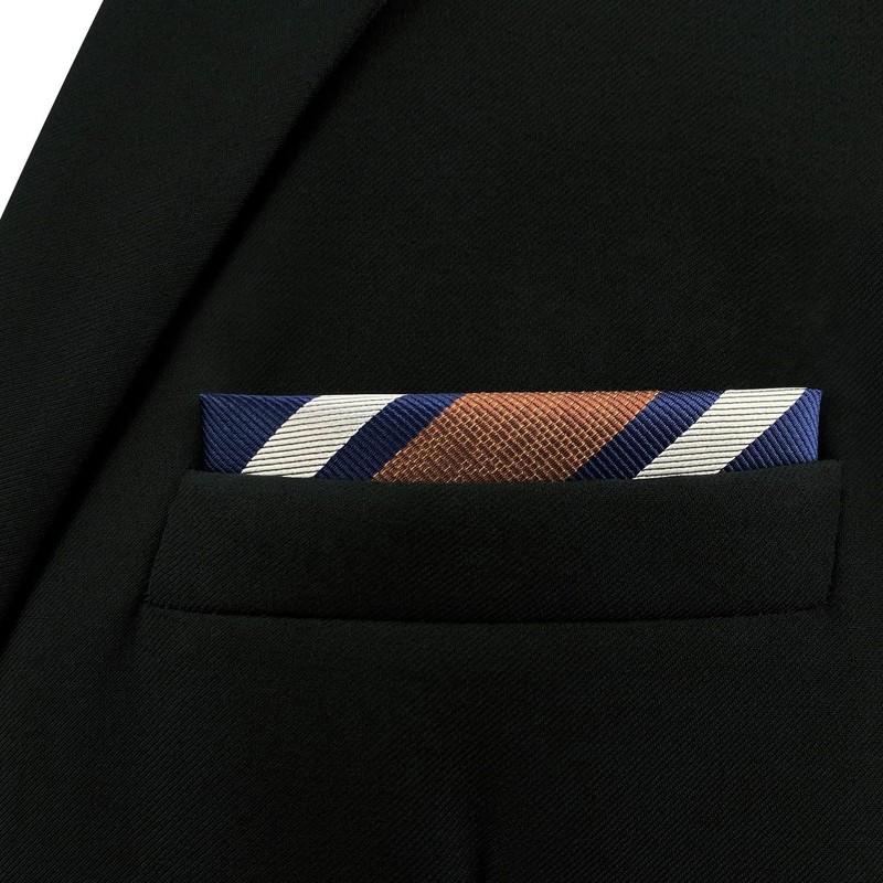 S&W SHLAX&WING Men's Striped Pocket Square, Navy Blue, White, Brown,