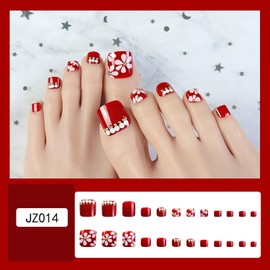 Press on Toenails with Flower Designs, Artificial Red Fake Nails for Toe, Full Cover Rhinestone Coffin Acrylic False Nails, Glue on Toenails with Charm, Stick on Toe Nails for Women(Z014)