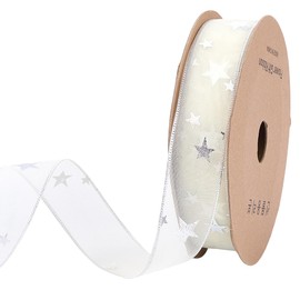 CABODYALS 20 Yards 1 Inch White Star Ribbon Silver Stars Print Organza Sheer Transparent Chiffon Silk Sparkly Ribbons Bulk with Spool for Sewing Making Crafts Gift Wrapping Bouquets Home Decor Supply