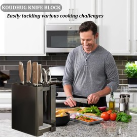 Universal Knife Holder for Kitchen, VSIAISV Stainless-Steel Knife Block Without Knives, Large Volume Stable Knife Organizer 7 Slots with Scissors, Sharpening Rod, Space Saver Knives Storage (Black)