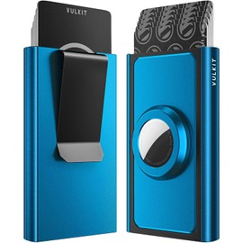 VULKIT Tarjetero con Porta-Airtag y Clip para Billetes, Cartera Minimalista de Aluminio para Tarjetas de Crédito con Bloqueo RFID/NFC, Azul