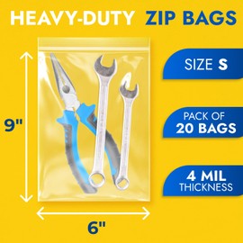 Paclord Medium 6" x 9" Pint Reclosable Poly Zip Seal Lock Bag 4 Mil Thickness, 20 Clear Resealable Bags with Extra Durability, Waterproof and Airtight Heavy Duty Bags