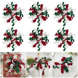 AIMUDI White Green and Red Velvet Curly Bows for Gift Wrapping 6.5'' Christmas Curly Bows Self Adhesive Gift Bows for Christmas Gifts, Treat Bags, Wine Bottles Party Holiday Decorations - 6 Counts